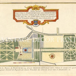 Tuinplattegrond voor boerderij en woonhuis op Papenburg bij Velsen Drukdatum 1730, handgekleurd in aquarel.