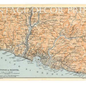 Genova, Italia Antica mappa dei primi anni del 1913 di Baedekers, Italia settentrionale, che mostra una mappa dettagliata della città di Contorni di Genova.