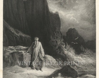 Gustave Dore Tennyson's Idylls of The King, The Finding of King Arthur, Genuine Late 19th Century Black and White Steel Engraving