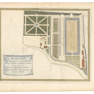 Carte des terrains de Biezenvelt, Pays-Bas, date de 1729, Amsterdam, colorée à l'aquarelle.