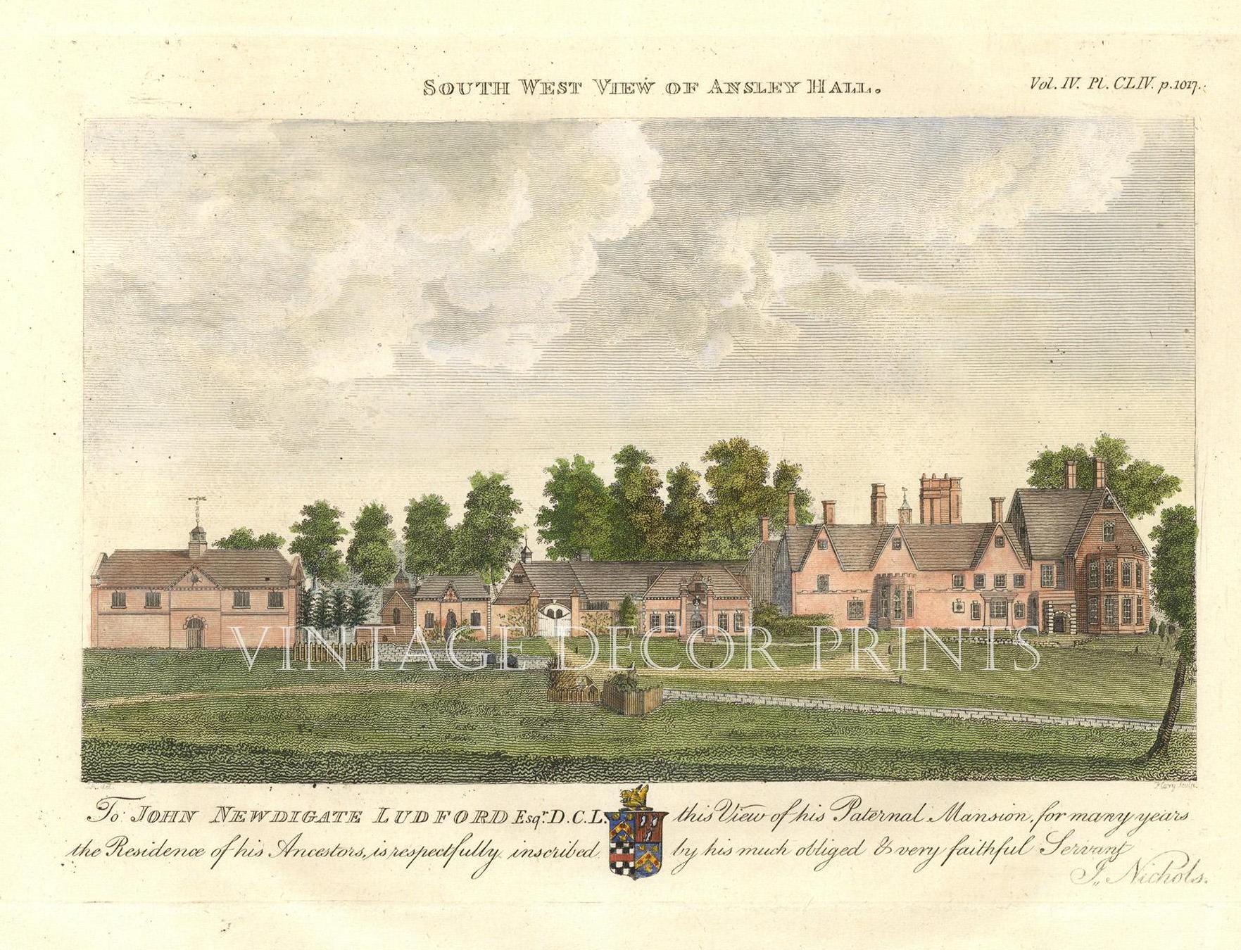 Ansley Hall Warwickshire View of The House Drawn in 1811 by J. Nichols Print Date 1811, Hand Coloured in Watercolour