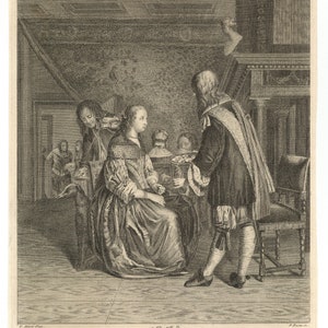18e-eeuwse originele gravure &#39;A Dutch Lunch&#39; Een Nederlandse taverne die oesters eet, een zeer fraaie gravure.