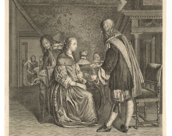 18th Century Original Engraving 'A Dutch Lunch' A Dutch Tavern Eating Oysters, A Very Fine Engraving.