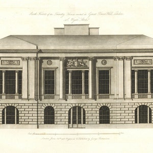 Trinity House Great Tower Hill Originele architecturale antieke gravure uit 1798, uitgegeven door George Richardson. Twee gravures, gevel en plattegrond.