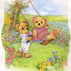 Peinture d'ours en peluche aquarelle originale par Patricia Brooks nounours sur une balançoire artiste Franklin Mint années 80 oeuvre d'art pour chambre d'enfant image 1