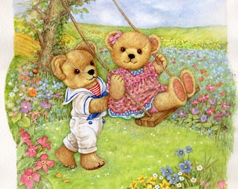 Painting of Teddy Bears - Original Watercolor by Patricia Brooks - Teddy on a Swing - Franklin Mint Artist - 1980's -  Childs Nursery Art