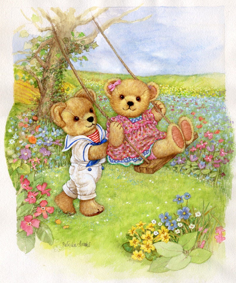 Peinture d'ours en peluche aquarelle originale par Patricia Brooks nounours sur une balançoire artiste Franklin Mint années 80 oeuvre d'art pour chambre d'enfant image 1