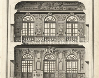 Antique Architectural engraving of a Interior Wall in the Palace of Hirschholm Denmark by Lauritz de Thurah for Den Danske Vitruvius.