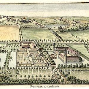 May include: An aerial view of a historic castle with a surrounding moat and gardens. The castle is surrounded by a wall and has a tall tower. The gardens are laid out in a geometric pattern and include a pond. The image is a vintage illustration.