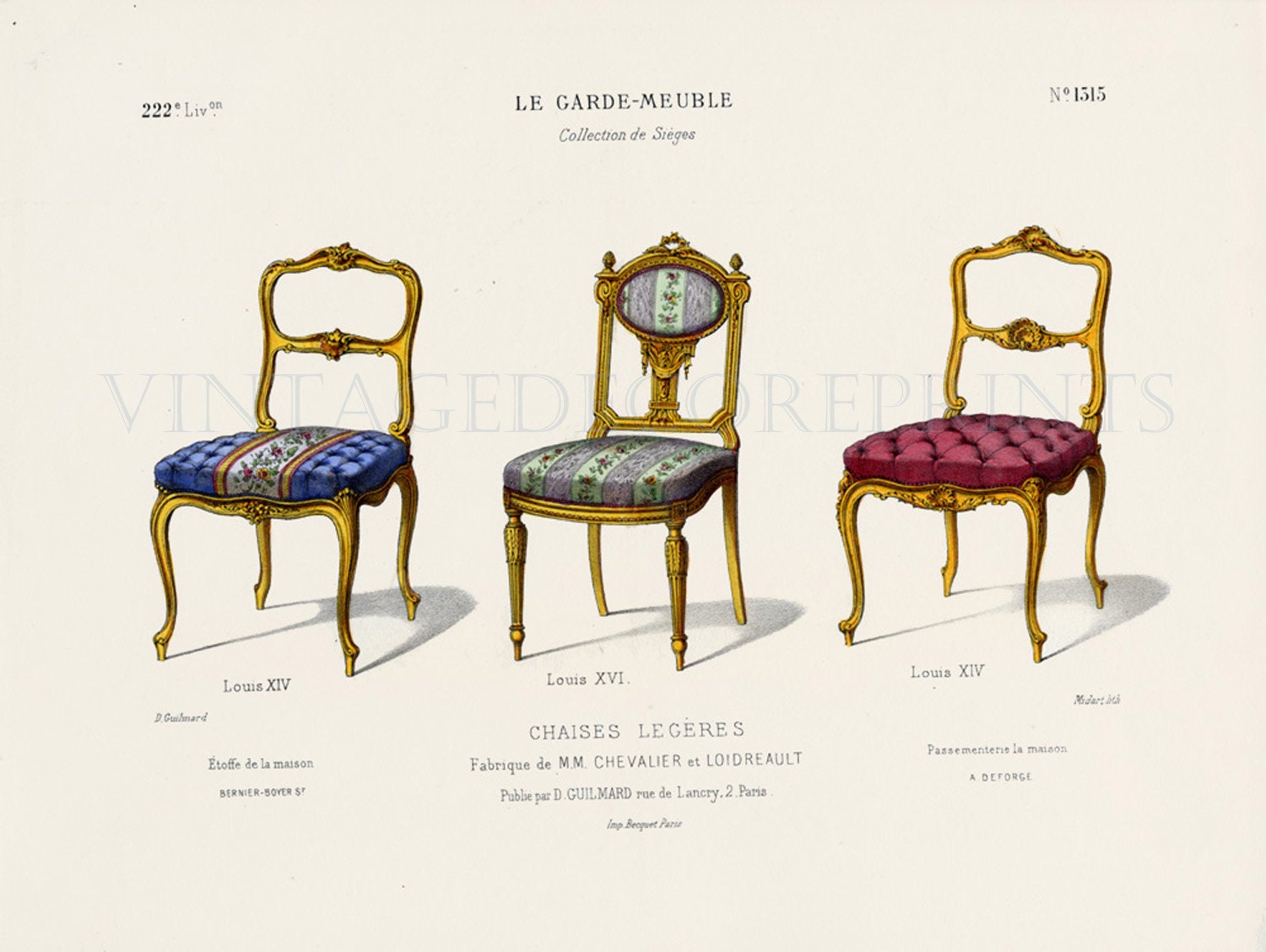 Original Interior Design Print of Chairs by Guilmard Paris French  Antique Hand coloured Lithograph of Louis XIV and Louis XVI