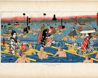 Print of Japan Crossing the Oho-E-Ga-Wa Antique 1856 Colour Lithograph From The Expedition of an American Squadron Commodore M.C. Perry