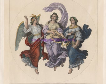 Angels Imagination Music Poetry. by Ferdinand Laufberger. 19th Century Copperplate Engraving. Hand Coloured in Watercolour