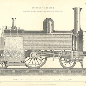 Locomotive Engine-Steam Engine 1858 Double Page Print Showing a Cross Section and Workings of a Steam Engine