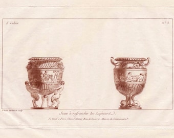 Interior Design Cooling Buckets. Decorative Urns. Large Sepia Copper plate Engraving by Claude Dominique Vinsac Circa 1780.