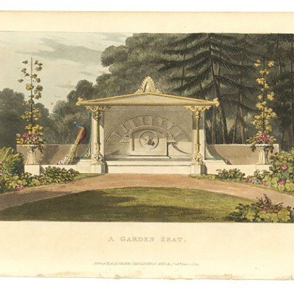 Garden Architecture Print A Garden Seat by John Papworth, Architect, and Artist Published by R. Ackermann 1817 Hand Coloured Aquatint