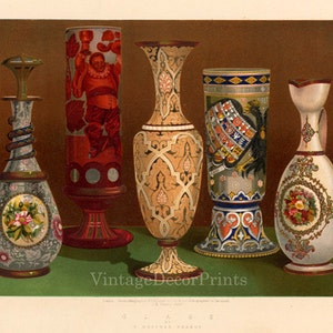 Decorative Vase Print. 1800's Austrian Glass Vases. Beautiful Antique Color Lithograph by Hoffmann of Prague.