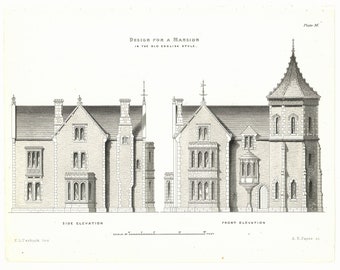 Antique Builders Prints for a Design for A Mansion, Elevations, Plans, Details 4 prints. Date 1855 Ideal Architects or Builders Office