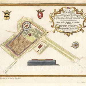 Kaart van de boerderij en het huis in Spyk, datering 1729, burgemeester Jan van de Poll van Amsterdam, met de hand ingekleurd in aquarel.