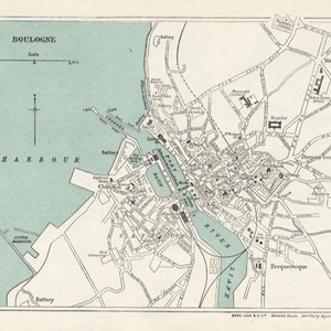 Haven van Boulogne. Antieke kaart uit het begin van de 20e eeuw van Baedekers met een gedetailleerde kaart van de stad Boulogne.
