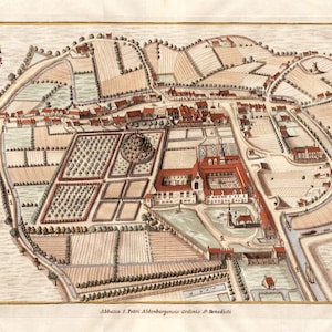 May include: An antique map depicting the Abbey of St. Peter in Aldenburg, Germany. The map shows the abbey buildings, gardens, and surrounding fields. The map is in a light brown color with red and green accents.
