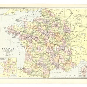 Carte de France ancienne, vers 1890, montrant les villes et les quartiers.