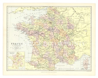 Antique Map of France, Circa 1890, Showing The Towns and Districts.