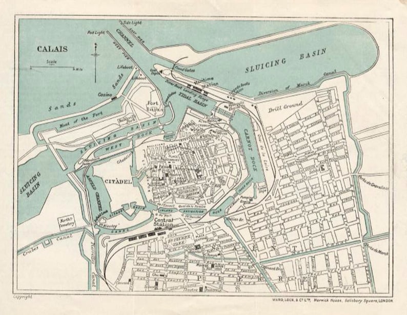 Calais. Antique Early 20th Century Map from Baedekers Showing a Detailed Map of Calais, Harbour, and Town image 1