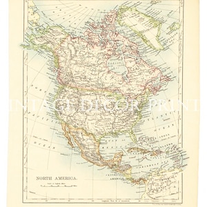 Antica mappa del Nord America, circa 1890, raffigurante Stati Uniti, Canada e Messico, con le principali città in evidenza. Mappa storica didattica.