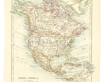 Antique Map of North America,  Circa 1890, Showing The United States, Canada, and Mexico, Major Cities Shown, Educational Historical Map.