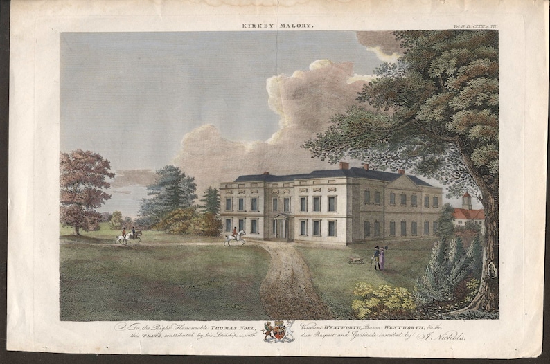 Hand Coloured in Watercolour Kirkby Hall at Kirkby Mallory Leicestershire Home to The Right Honourable Thomas Noel by J Nichols Date 1811