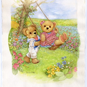 Peinture d'ours en peluche aquarelle originale par Patricia Brooks nounours sur une balançoire artiste Franklin Mint années 80 oeuvre d'art pour chambre d'enfant image 2