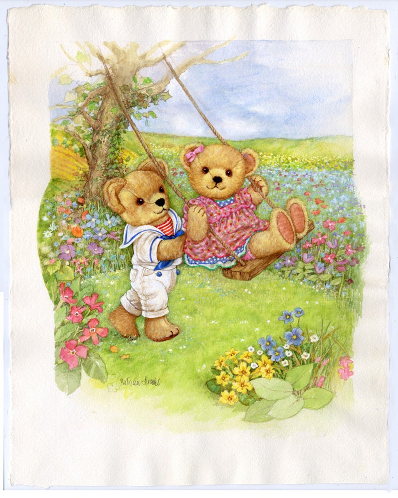 Peinture d'ours en peluche aquarelle originale par Patricia Brooks nounours sur une balançoire artiste Franklin Mint années 80 oeuvre d'art pour chambre d'enfant image 2