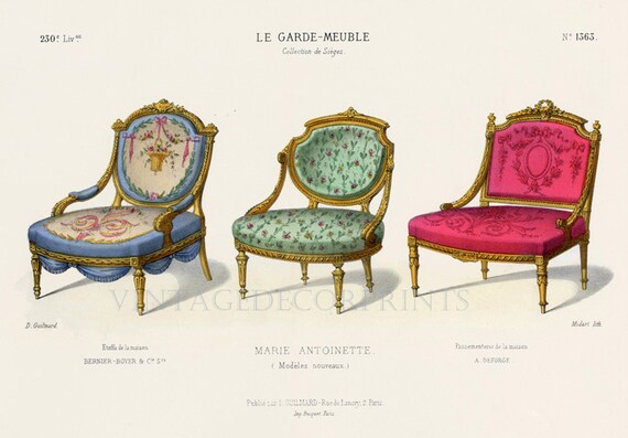 Interior Design Print of Chairs by Guilmard Paris C1866. French