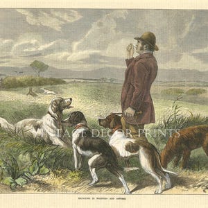 May include: A man in a brown coat and hat stands in a field with three dogs. The dogs are pointing at something in the distance. The scene is painted in a vintage style.