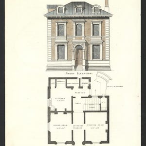 Peut inclure: Un dessin architectural en noir et blanc d'une maison à deux étages avec une élévation avant et un plan d'étage. Le dessin montre une petite villa au design simple, avec une porte d'entrée, des fenêtres et une lucarne. Le plan d'étage comprend une cuisine, une salle à manger, un salon et un couloir.