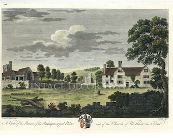 Kerk van Wrotham in Kent, 1780 Kopergravure Handgekleurd in aquarel, gegraveerd door John Bayly, uitgegeven door Edward Hasted.