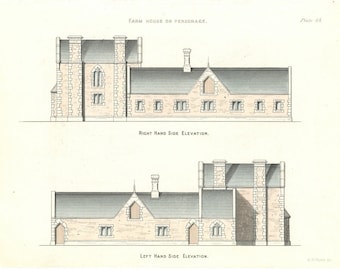 Antique Builders Print for a Design for a Farm House or Personage, Date 1855 Ideal Architects or Builders Office