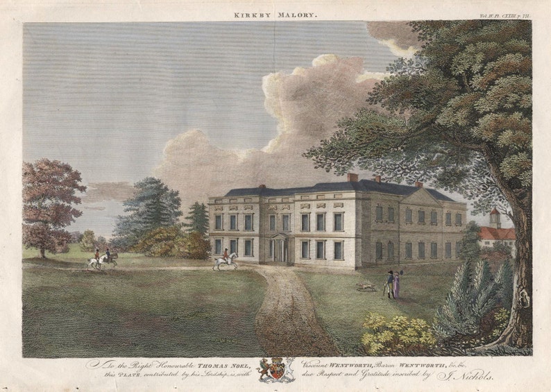 Hand Coloured in Watercolour Kirkby Hall at Kirkby Mallory Leicestershire Home to The Right Honourable Thomas Noel by J Nichols Date 1811