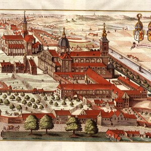 May include: An aerial view of a large, red-roofed monastery complex with a central church and surrounding buildings. The monastery is surrounded by a wall and a moat, and there are fields and trees in the distance. The image is from an old map or illustration.