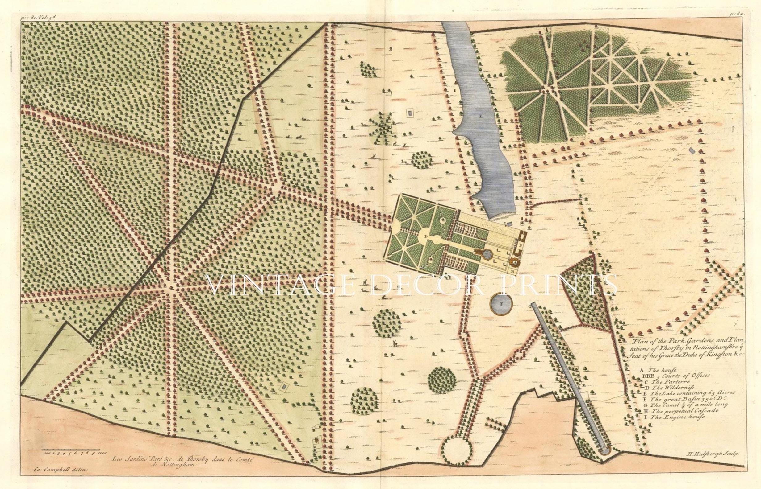 Plan of Park and Gardens of Thorsby in Nottinghamshire 1676-1729  Hand Coloured in Water Colour.