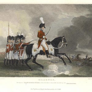 Antique Military Horse Print. Hand coloured 1820 Horse &#39;Charger&#39; Engraving. 19th Century English Horse Guards Regiment Military Engraving