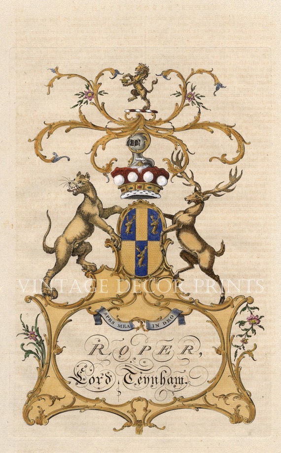 Roper Coat of Arms. Lord Teynham. Genuine 1700 s Heraldry