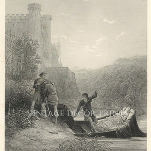 Gustave Dore Idylls des Königs, Lancelot schaut auf den Körper der Lady Elaine Echte Gravur des 19.Jahrhunderts.