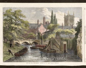 Cambridge. Dredging at St John&#39;s Bridge. From The Illustrated London News. Original Engraving Date 1869. Hand Coloured in Watercolour.
