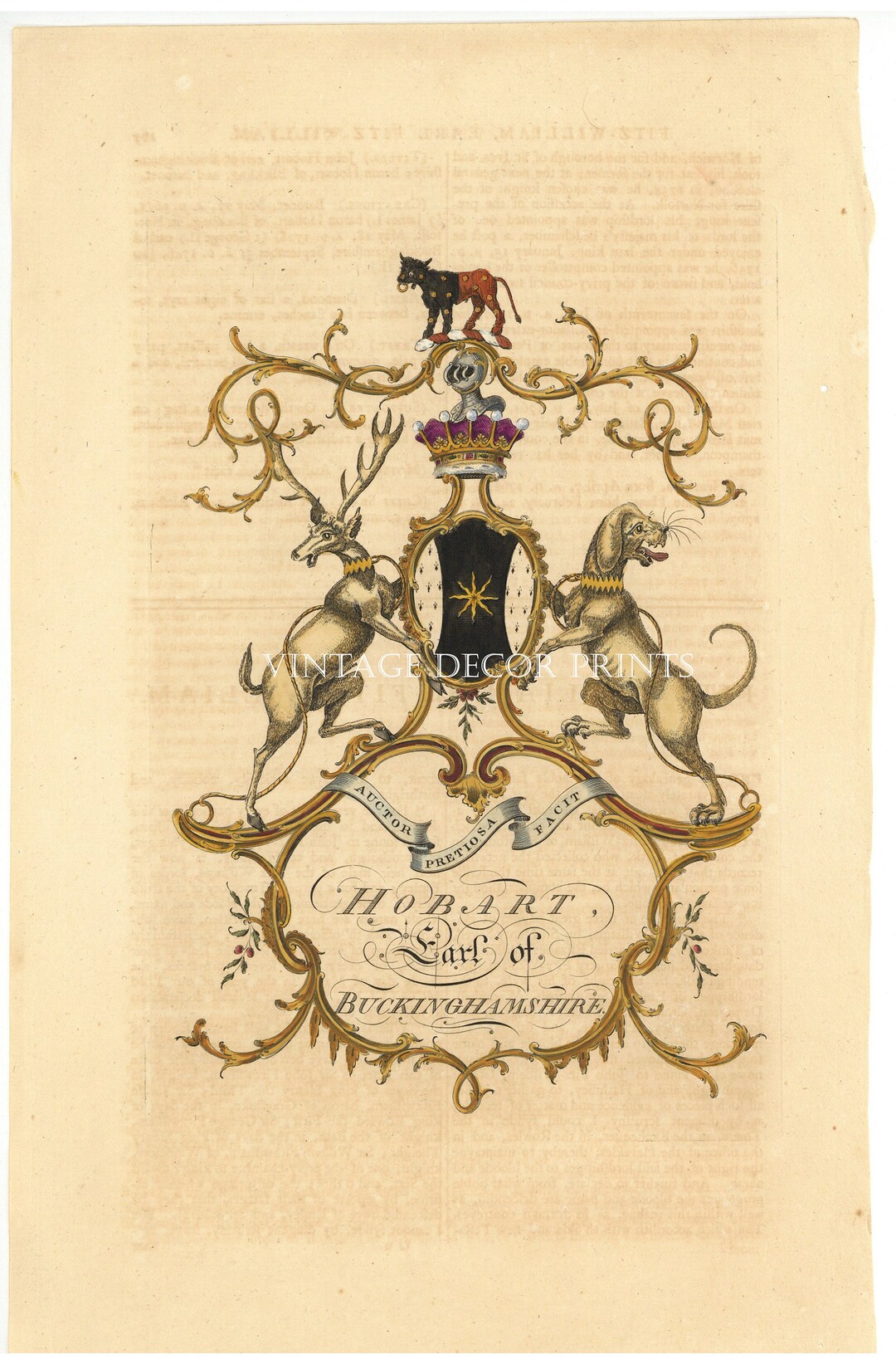 Heraldry Engraving for Hobart Original 250 Year Old 17661769 Coat of Arms Hand Coloured in