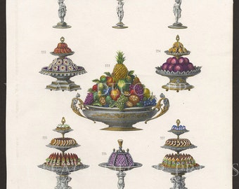 Lámina de cocina antigua. Platos de postre de La Cuisine Classique, 1876, de Urbain Dubois. Lámina decorativa coloreada a mano. Arte culinario.
