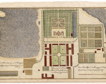 The Gardens at Iägersbourg (Château Royal de Collioure ?) France. Large Rare Antique Engraving Hand Coloured in Watercolour. Date 1746.