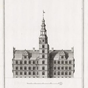 Puede incluir: Un grabado en blanco y negro del Castillo de Rosenborg en Copenhague, Dinamarca. El grabado muestra la fachada del castillo, que presenta una alta torre con un techo puntiagudo y una serie de ventanas. El texto debajo del grabado dice "Opstalt af Rosenborg Slott ud til Haven." "Façade du Château de Rosenbourg vers le Jardin." "Aufriß von dem Rosenburger Schloß gegen dem Garten."