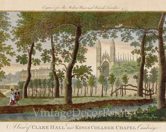 Clare Hall and Kings College Chapel Cambridge, Original Antique Engraving From The Modern Universal British Traveller Date 1779 HandColoured