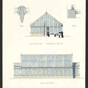 Antiek bouwersdrukontwerp voor een serre Afdrukdatum 1855 Ideaal voor architecten, architectenbureau of tuinman, met de hand gekleurd in aquarel.